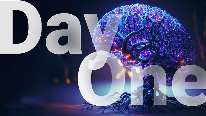 Abstract graphic of large "Day One" text and tree-like brain in the background.